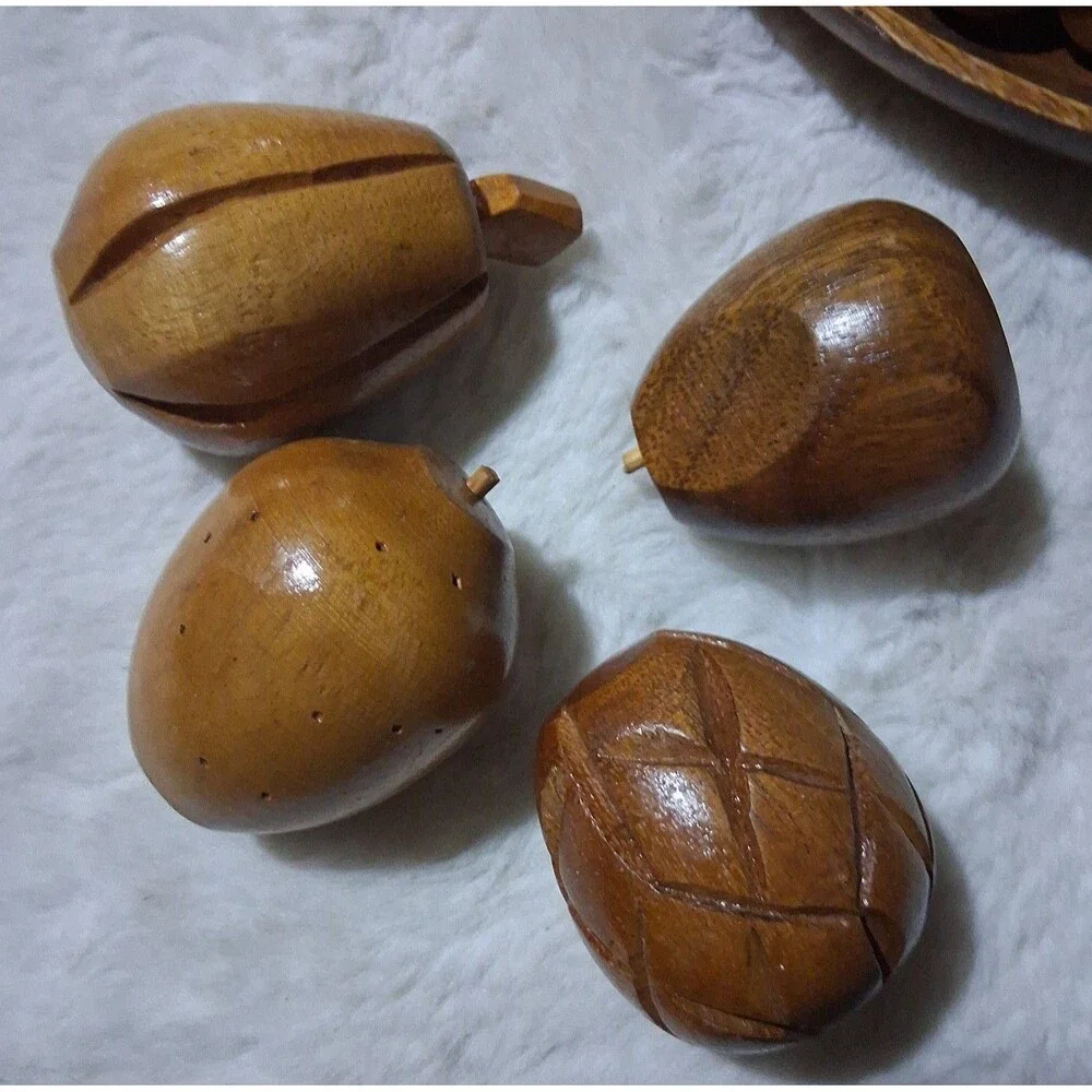 Vintage 60's Monkey Pod Wooden Fruit & Bowl Phillipines handcrafted 8 piece set